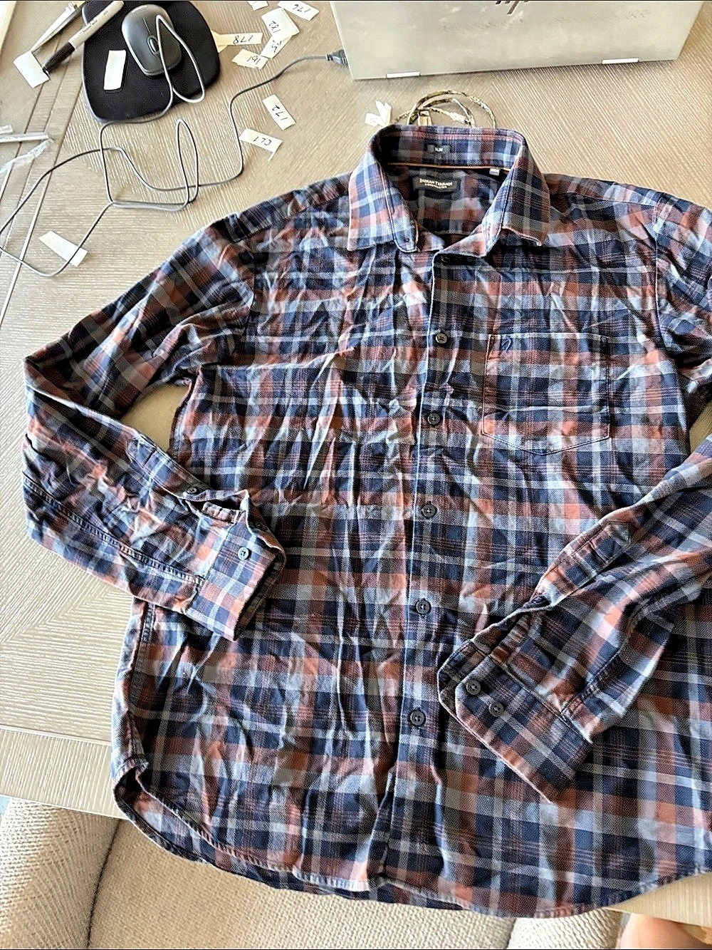 Indian Terrain Constructed Slim Plaid Button Down Blue & Brown Large #170